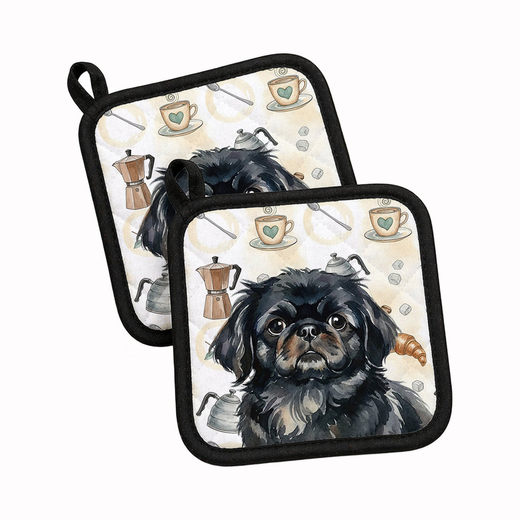 Black Pekingese Coffee Bar Pot Holder Set of 2 Heat Resistant Quilted Hot Pads 7.5 x 7.5 Inch, Insulated Kitchen Trivets for Cooking & Baking