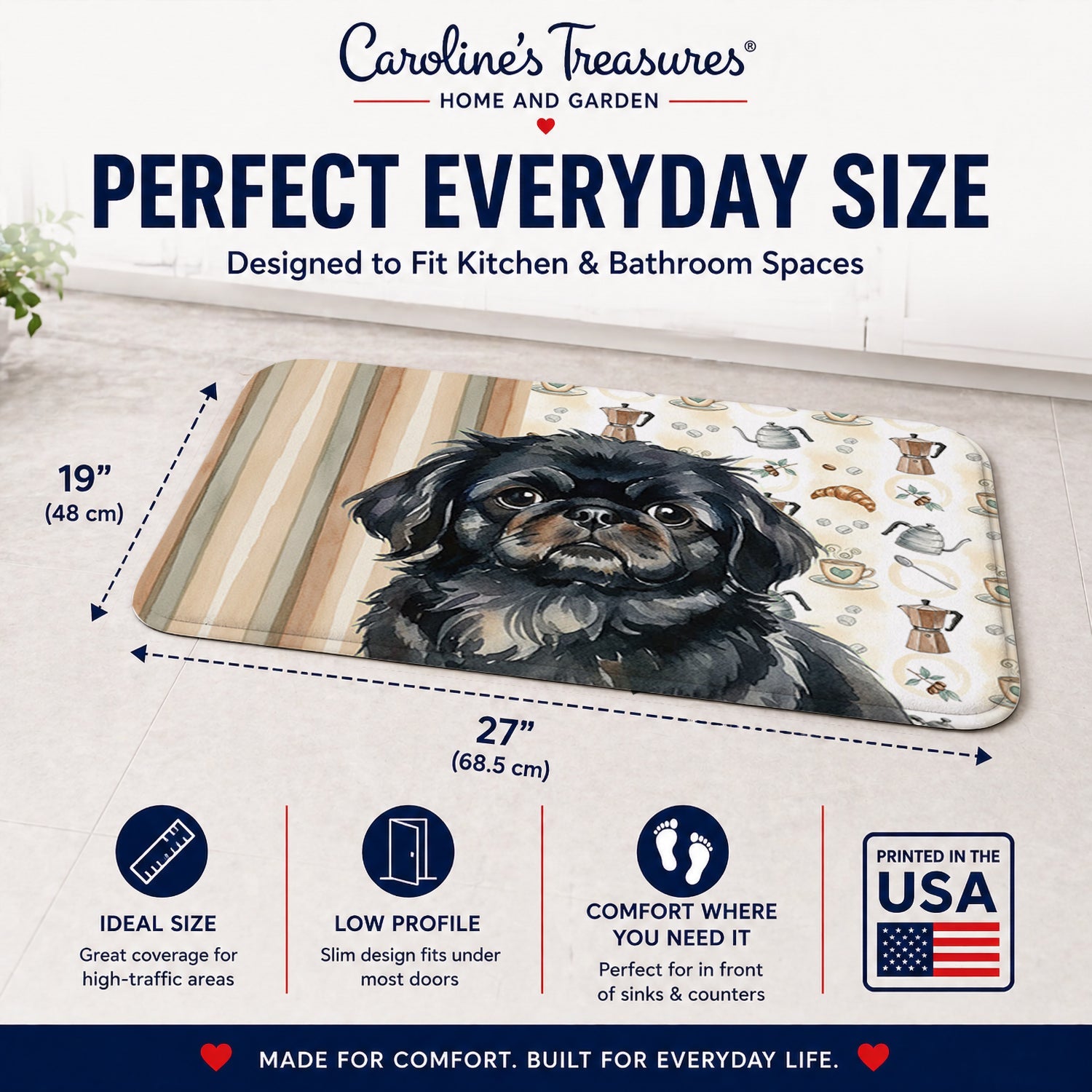 Black Pekingese Coffee Bar Memory Foam Kitchen Mat Machine Washable Anti-Fatigue Cushion Comfort Bath or Kitchen Rug