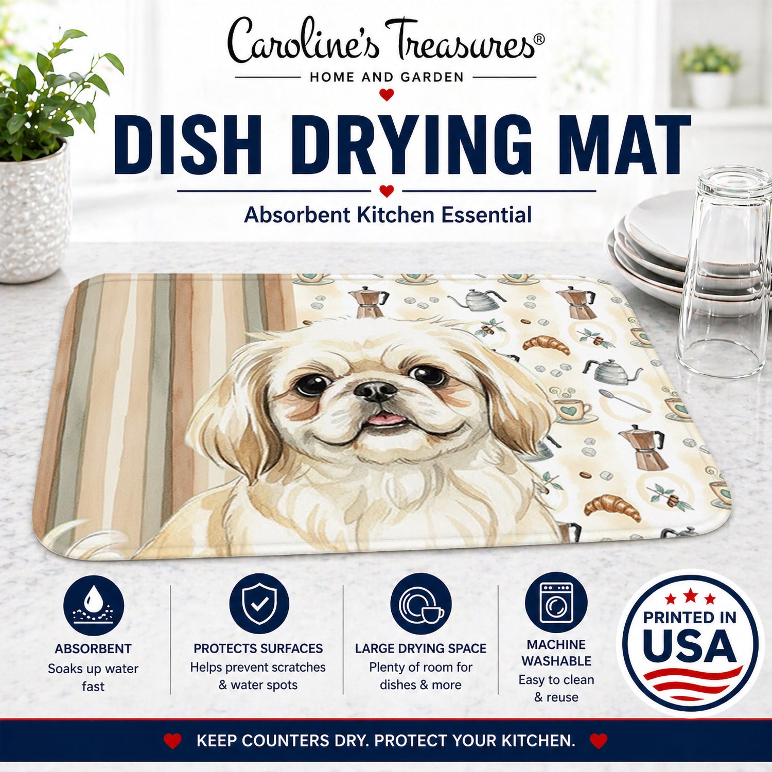 Cream Pekingese Coffee Bar Dish Drying Mat Absorbent Dish Drying Mat Pad for Kitchen Counter Dish Drainer Mat for Countertop, 14 x 21", Multicolor