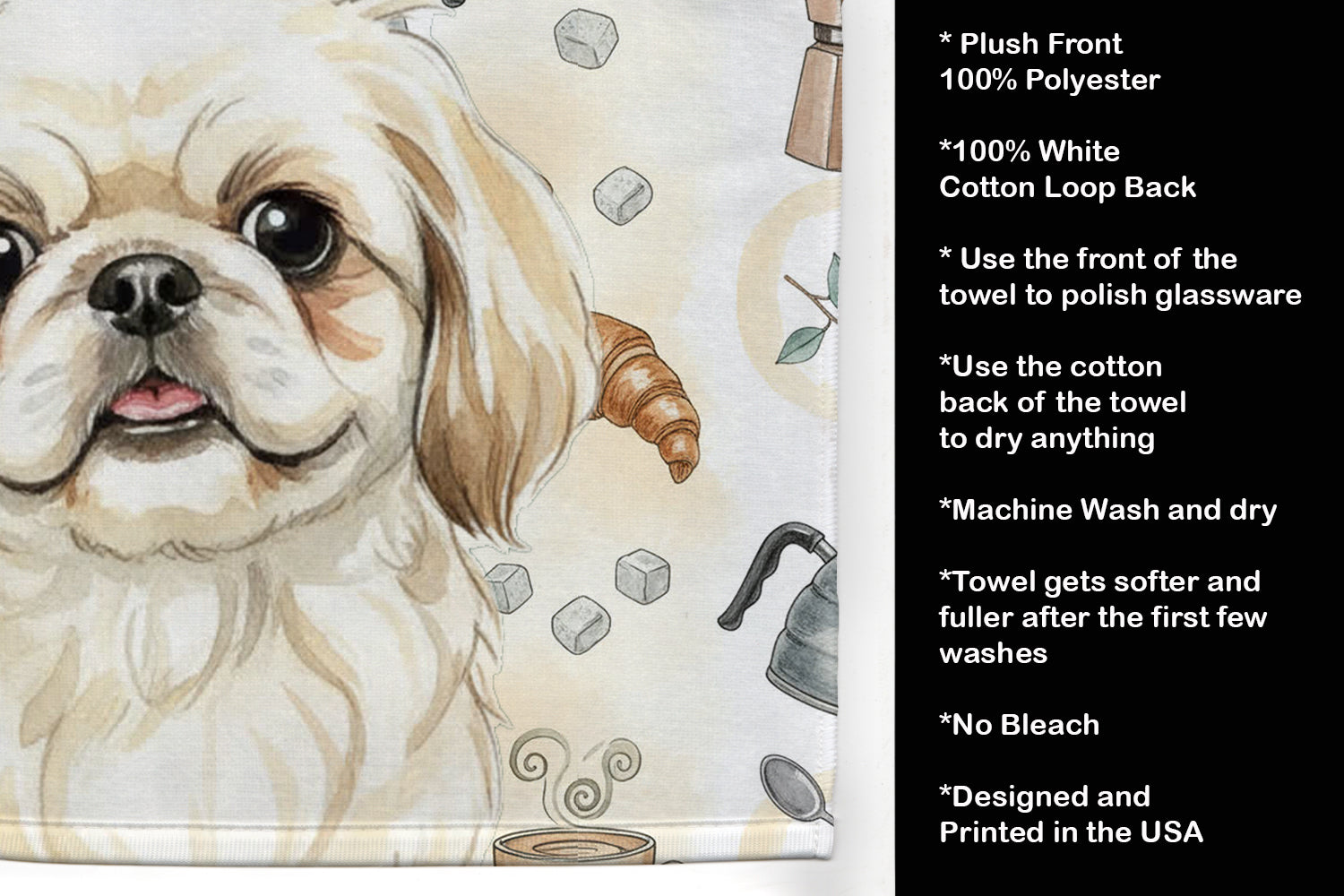 Cream Pekingese Coffee Bar Kitchen Towel Velour Plush Front and Cotton Loop Back Machine Washable