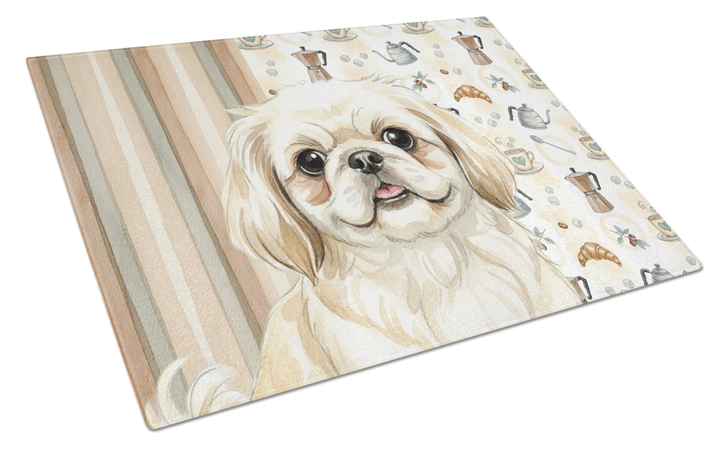 Cream Pekingese Coffee Bar Cutting Board Tempered Glass Kitchen Cutting Surface, Heat Resistant Chopping, Non-Slip Feet, Food Prep & Serving
