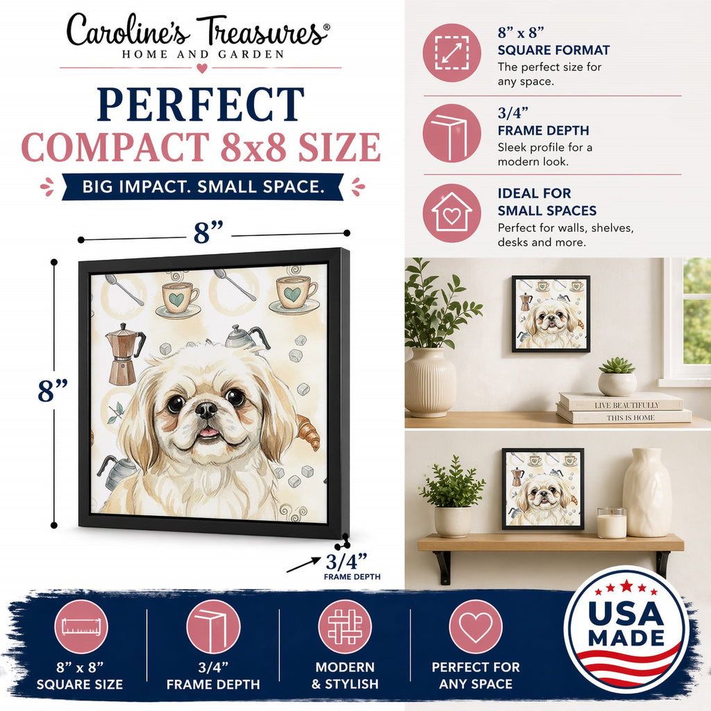 Cream Pekingese Coffee Bar Framed Metal Print Bathroom, Kitchen, Office, Home Decor Wall Art Ready to Hang, Square, 8X8