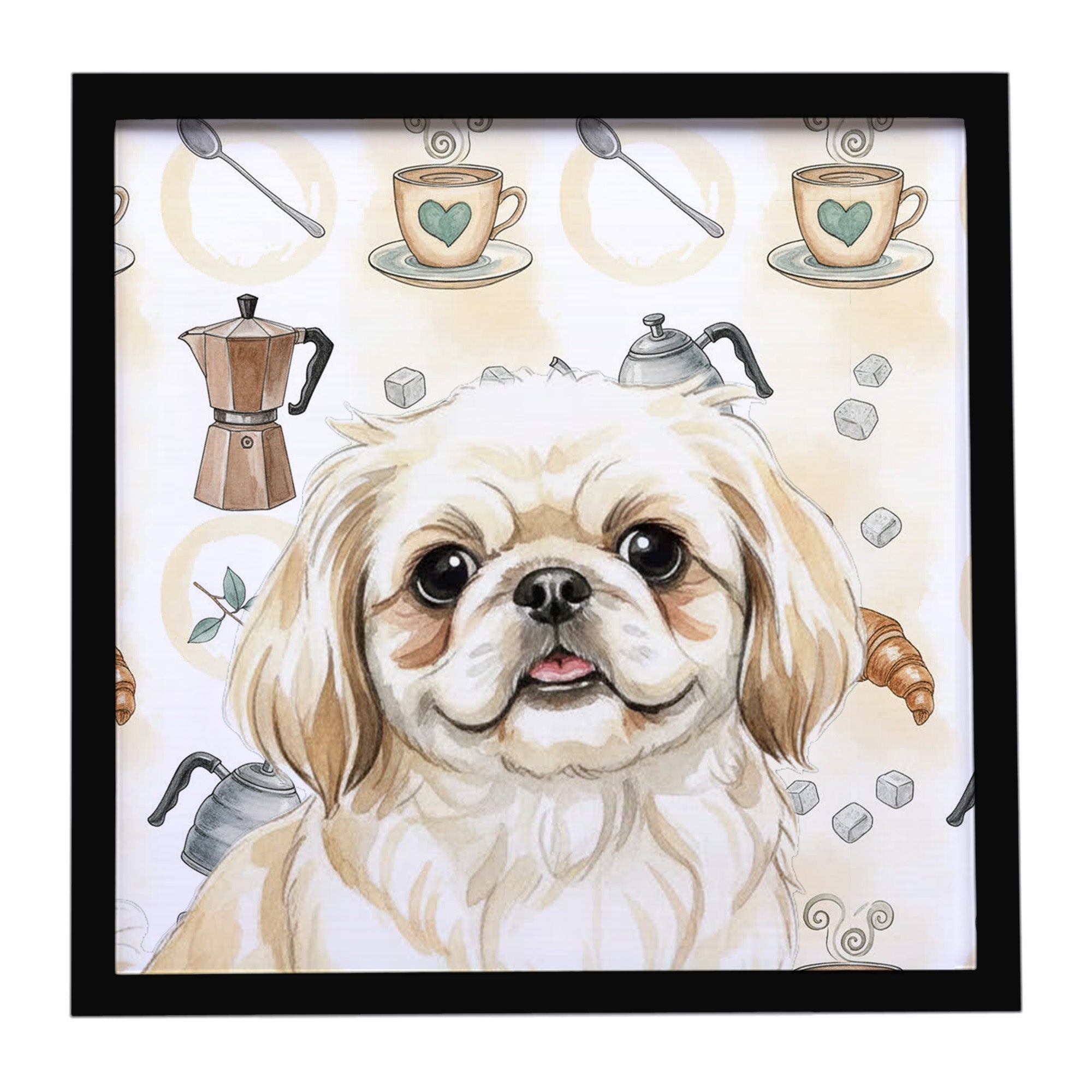 Cream Pekingese Coffee Bar Framed Metal Print Bathroom, Kitchen, Office, Home Decor Wall Art Ready to Hang, Square, 8X8