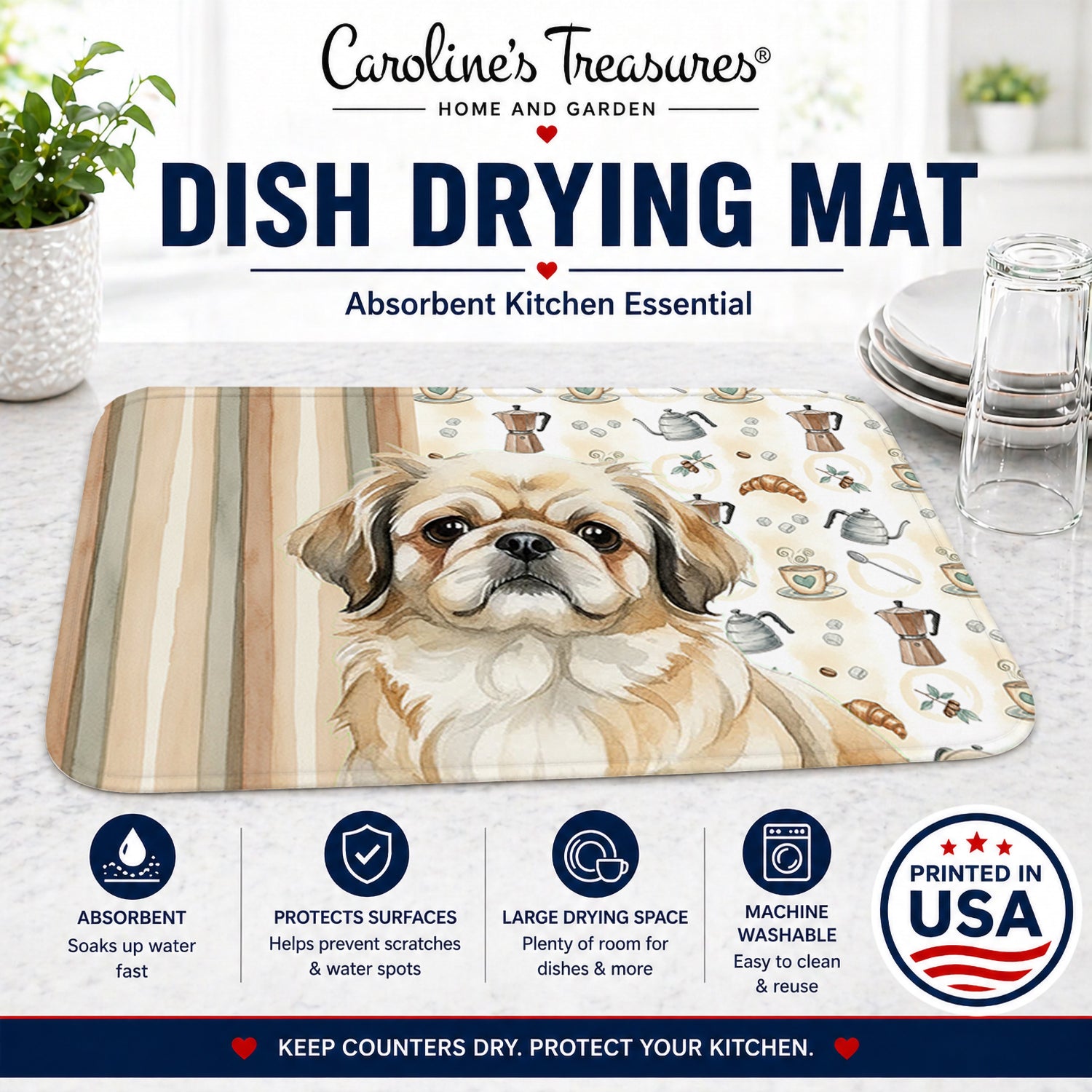 Fawn Pekingese Coffee Bar Dish Drying Mat Absorbent Dish Drying Mat Pad for Kitchen Counter Dish Drainer Mat for Countertop, 14 x 21", Multicolor