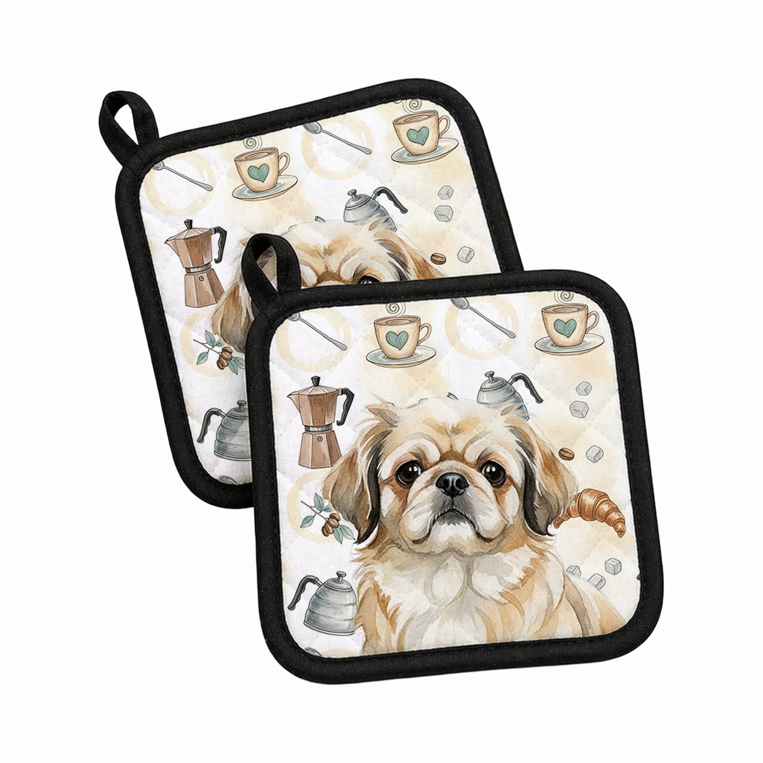 Fawn Pekingese Coffee Bar Pot Holder Set of 2 Heat Resistant Quilted Hot Pads 7.5 x 7.5 Inch, Insulated Kitchen Trivets for Cooking & Baking