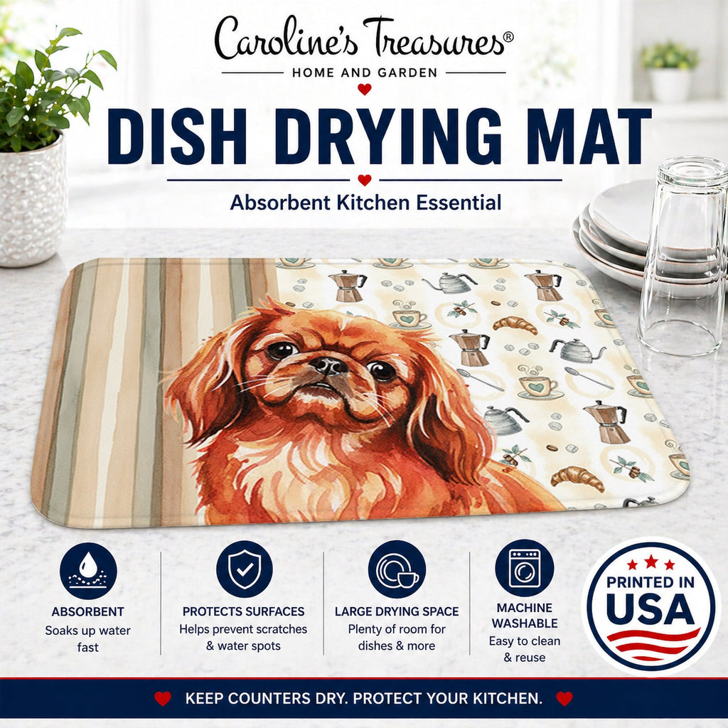 Red Pekingese Coffee Bar Dish Drying Mat Absorbent Dish Drying Mat Pad for Kitchen Counter Dish Drainer Mat for Countertop, 14 x 21", Multicolor