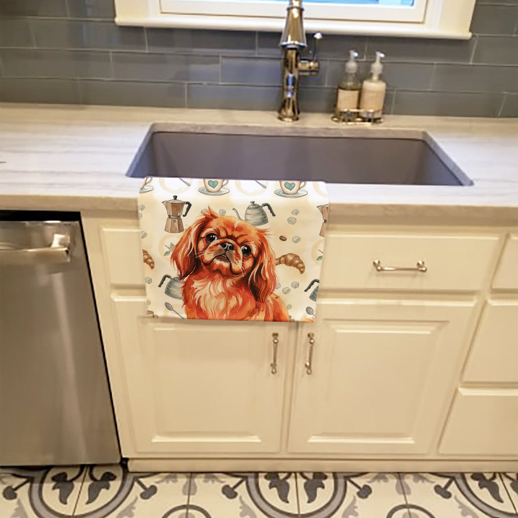 Red Pekingese Coffee Bar Kitchen Towel Velour Plush Front and Cotton Loop Back Machine Washable