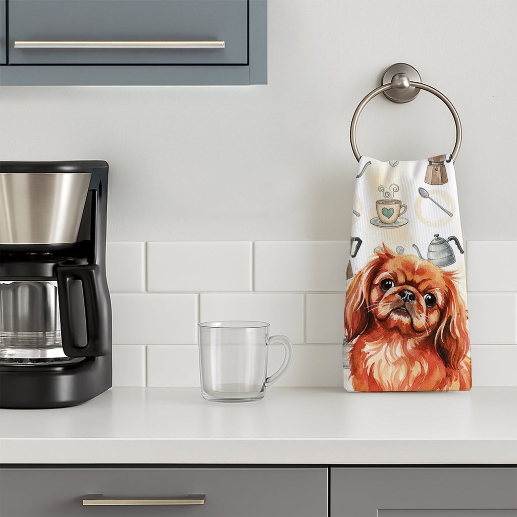 Red Pekingese Coffee Bar Kitchen Towel Velour Plush Front and Cotton Loop Back Machine Washable