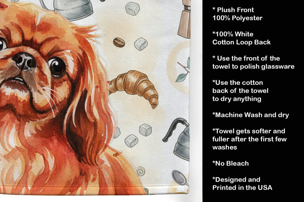 Red Pekingese Coffee Bar Kitchen Towel Velour Plush Front and Cotton Loop Back Machine Washable