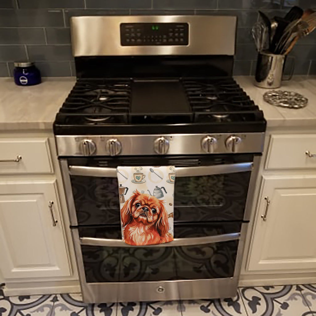 Red Pekingese Coffee Bar Kitchen Towel Velour Plush Front and Cotton Loop Back Machine Washable