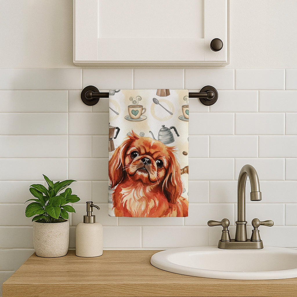 Red Pekingese Coffee Bar Kitchen Towel Velour Plush Front and Cotton Loop Back Machine Washable