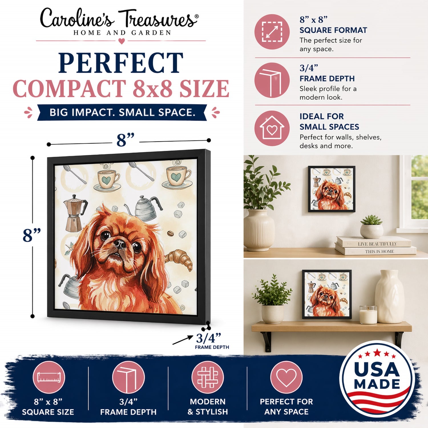 Red Pekingese Coffee Bar Framed Metal Print Bathroom, Kitchen, Office, Home Decor Wall Art Ready to Hang, Square, 8X8