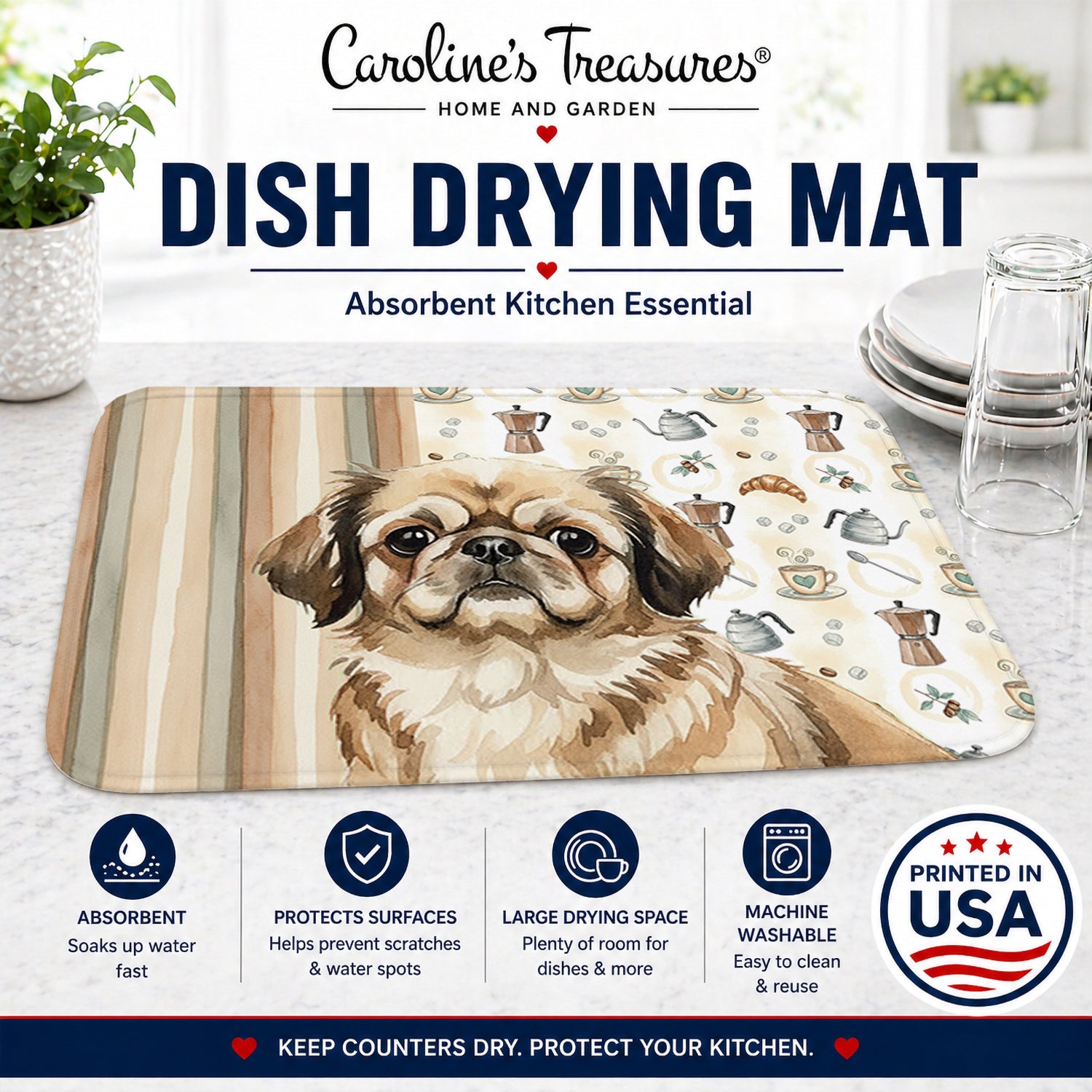 Sable Pekingese Coffee Bar Dish Drying Mat Absorbent Dish Drying Mat Pad for Kitchen Counter Dish Drainer Mat for Countertop, 14 x 21", Multicolor