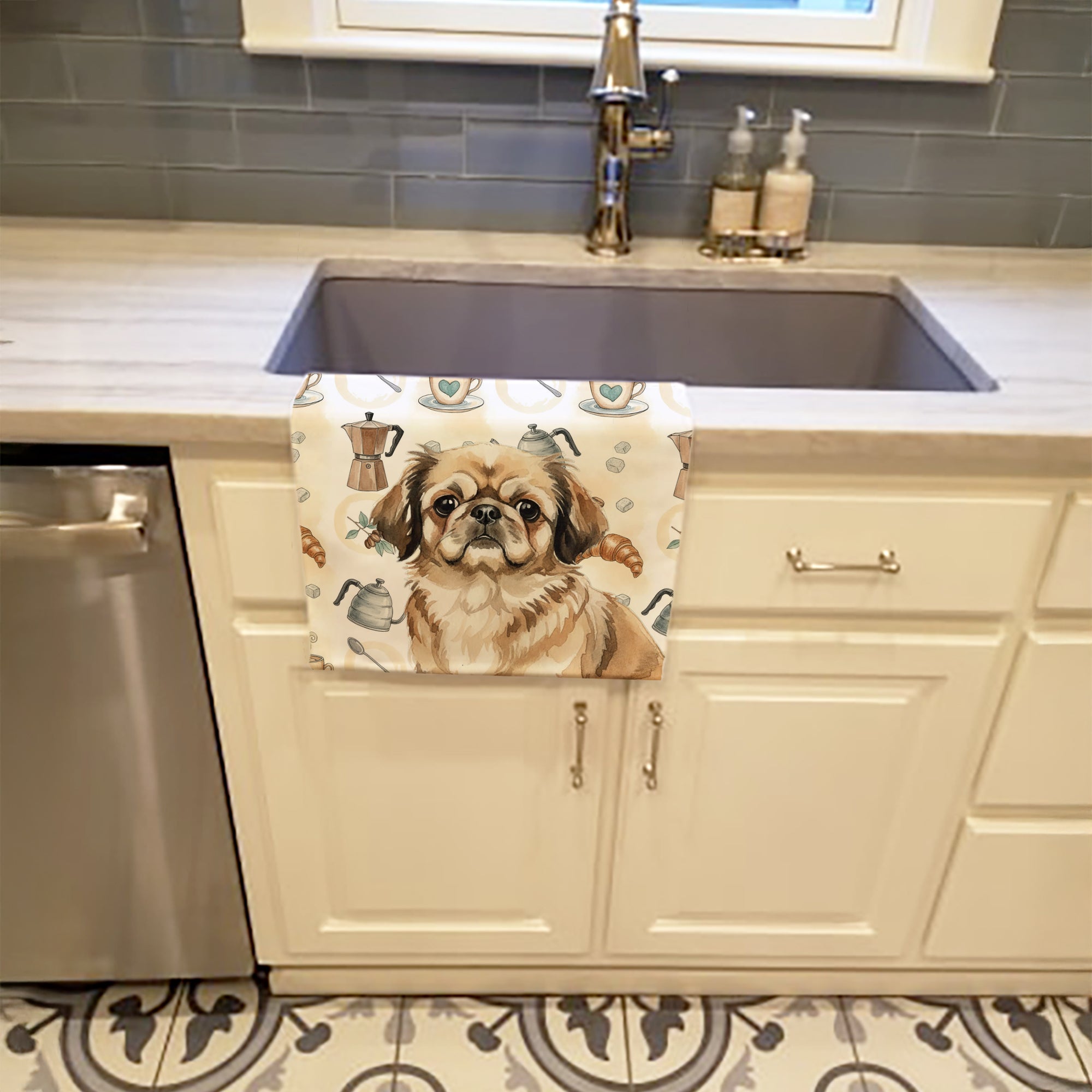 Sable Pekingese Coffee Bar Kitchen Towel Velour Plush Front and Cotton Loop Back Machine Washable