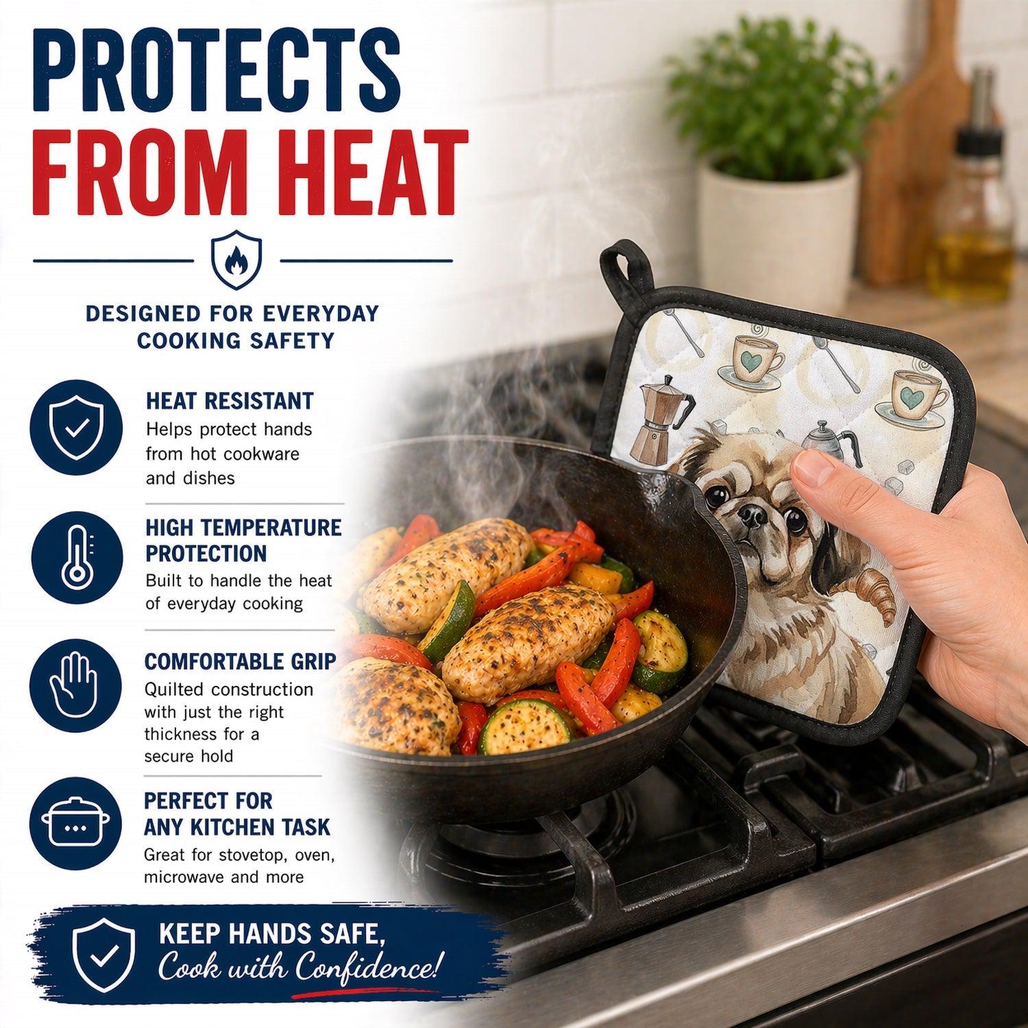 Sable Pekingese Coffee Bar Pot Holder Set of 2 Heat Resistant Quilted Hot Pads 7.5 x 7.5 Inch, Insulated Kitchen Trivets for Cooking & Baking