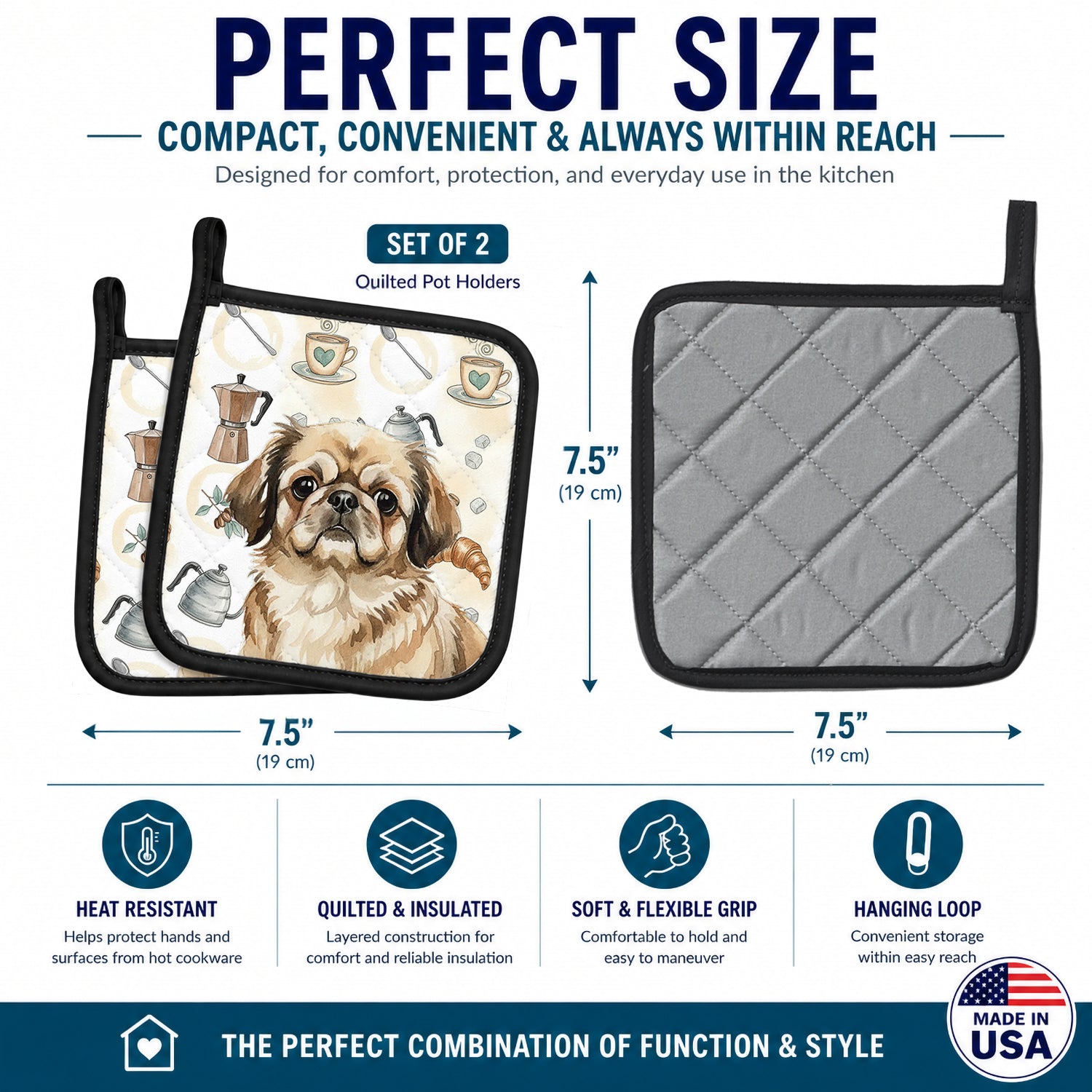 Sable Pekingese Coffee Bar Pot Holder Set of 2 Heat Resistant Quilted Hot Pads 7.5 x 7.5 Inch, Insulated Kitchen Trivets for Cooking & Baking