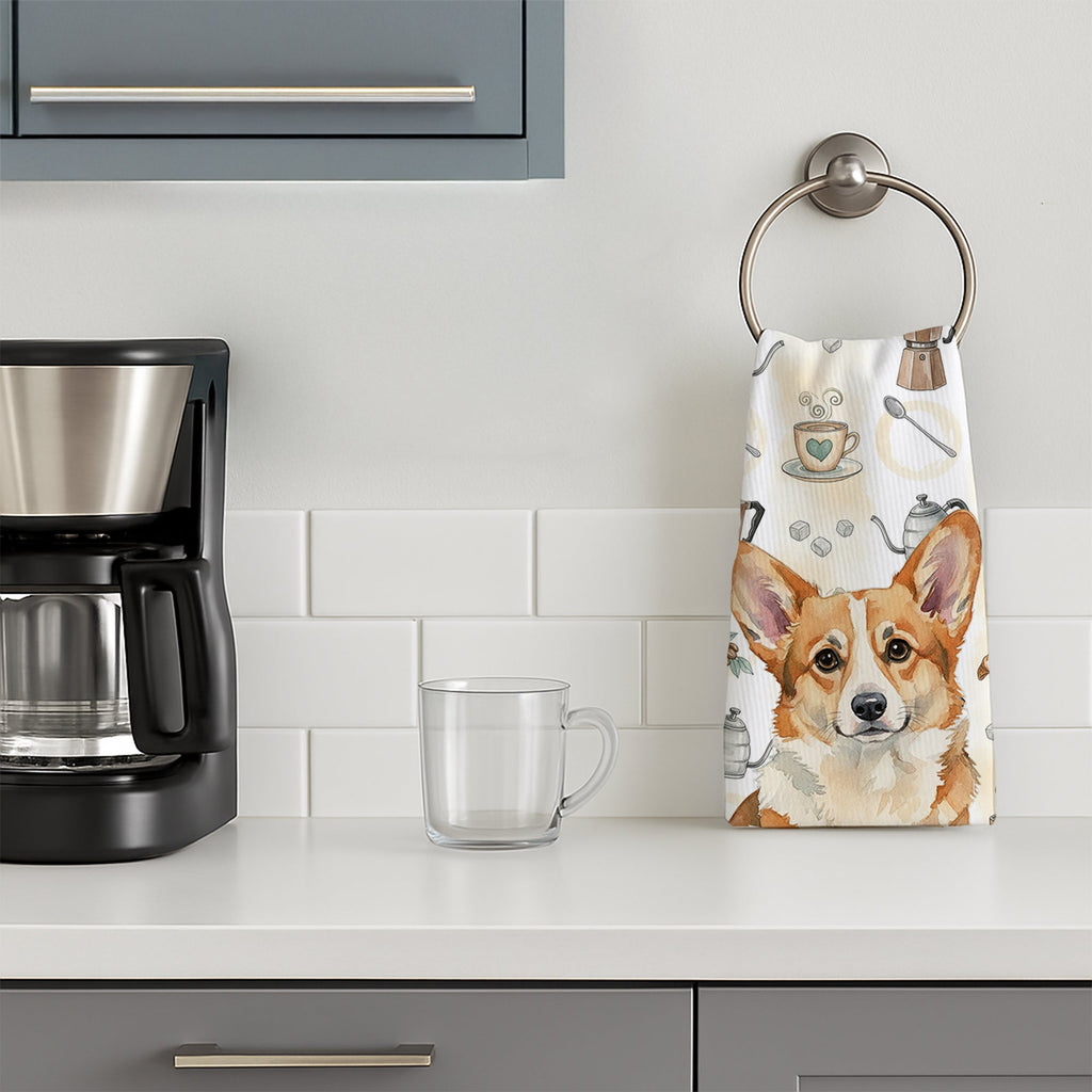Corgi Coffee Bar Kitchen Towel Velour Plush Front and Cotton Loop Back Machine Washable