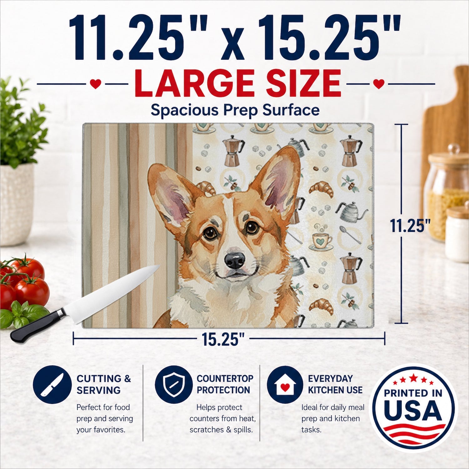 Corgi Coffee Bar Cutting Board Tempered Glass Kitchen Cutting Surface, Heat Resistant Chopping, Non-Slip Feet, Food Prep & Serving