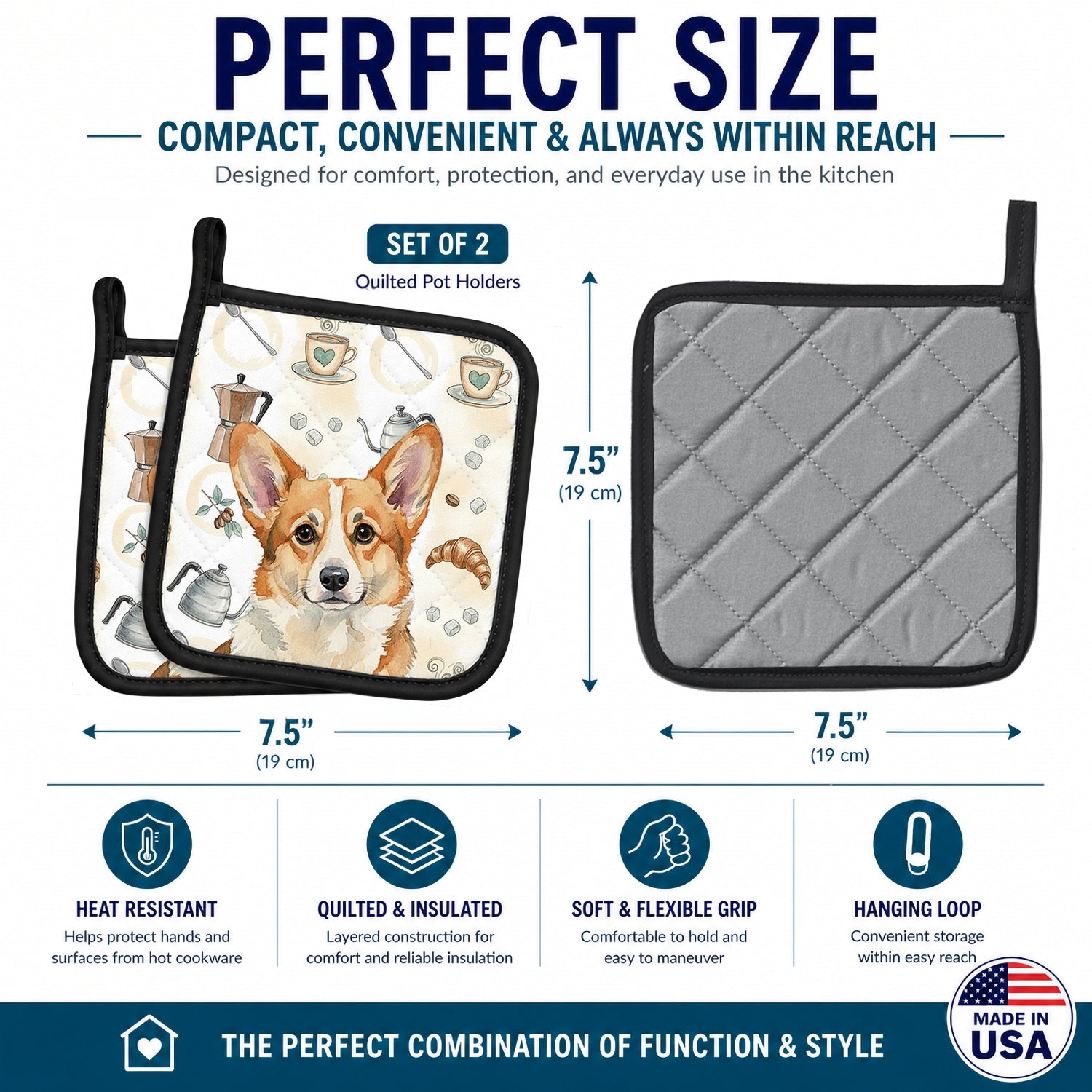 Corgi Coffee Bar Pot Holder Set of 2 Heat Resistant Quilted Hot Pads 7.5 x 7.5 Inch, Insulated Kitchen Trivets for Cooking & Baking