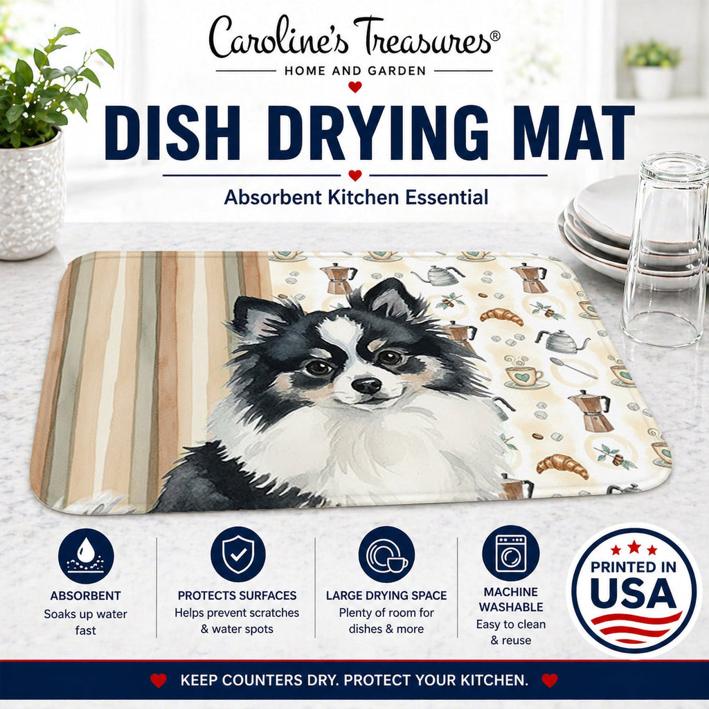 Black and White Pomeranian Coffee Bar Dish Drying Mat Absorbent Dish Drying Mat Pad for Kitchen Counter Dish Drainer Mat for Countertop, 14 x 21", Multicolor