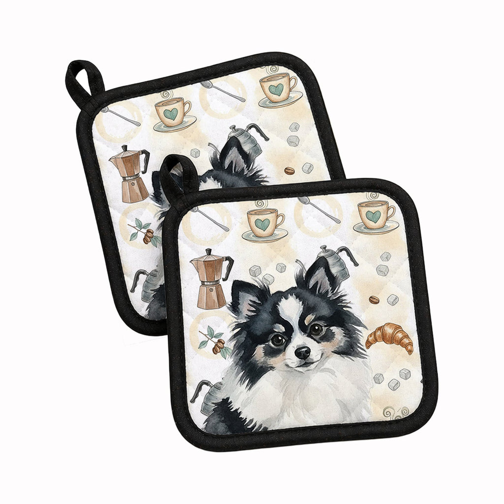 Black and White Pomeranian Coffee Bar Pot Holder Set of 2 Heat Resistant Quilted Hot Pads 7.5 x 7.5 Inch, Insulated Kitchen Trivets for Cooking & Baking