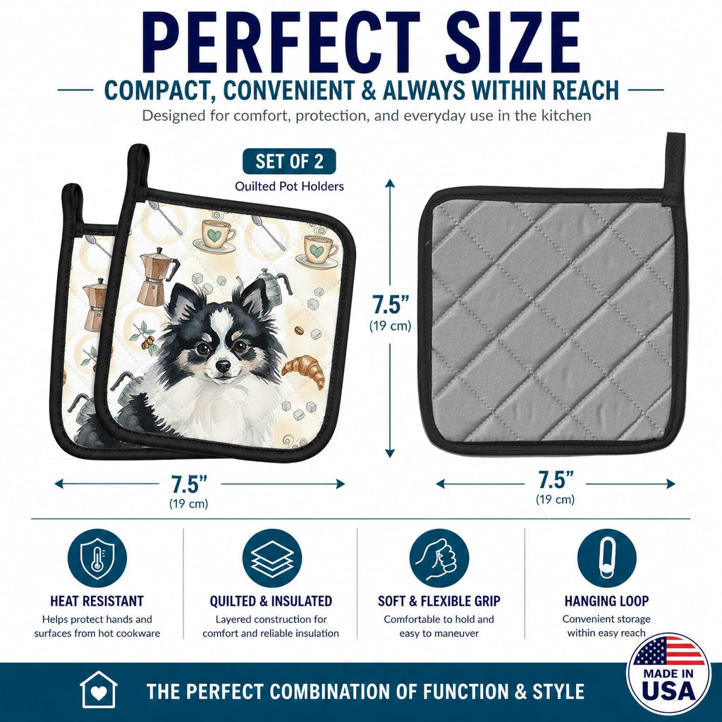 Black and White Pomeranian Coffee Bar Pot Holder Set of 2 Heat Resistant Quilted Hot Pads 7.5 x 7.5 Inch, Insulated Kitchen Trivets for Cooking & Baking