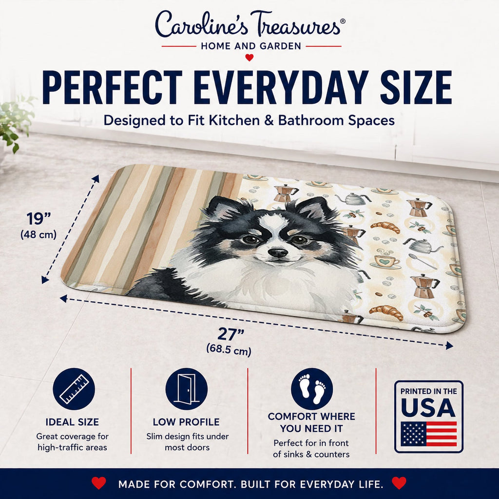 Black and White Pomeranian Coffee Bar Memory Foam Kitchen Mat Machine Washable Anti-Fatigue Cushion Comfort Bath or Kitchen Rug