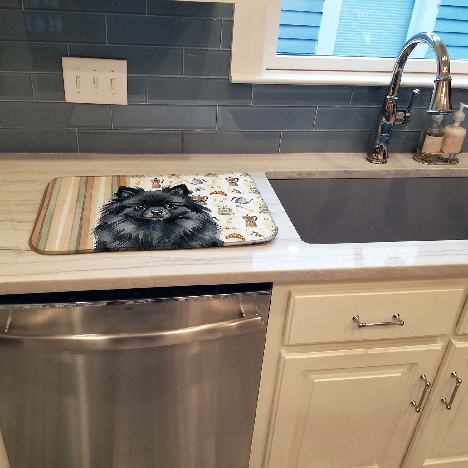 Black Pomeranian Coffee Bar Dish Drying Mat Absorbent Dish Drying Mat Pad for Kitchen Counter Dish Drainer Mat for Countertop, 14 x 21", Multicolor