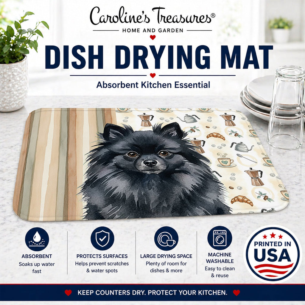 Black Pomeranian Coffee Bar Dish Drying Mat Absorbent Dish Drying Mat Pad for Kitchen Counter Dish Drainer Mat for Countertop, 14 x 21", Multicolor