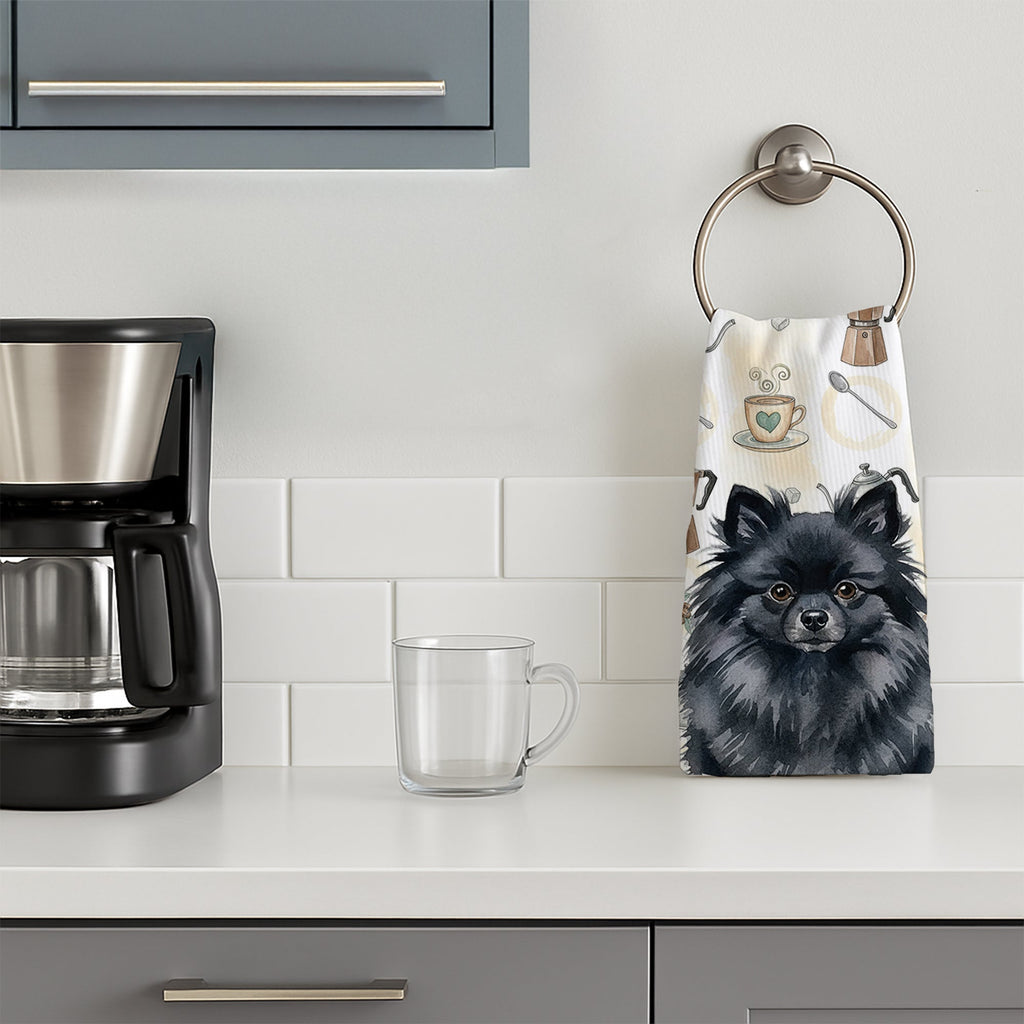 Black Pomeranian Coffee Bar Kitchen Towel Velour Plush Front and Cotton Loop Back Machine Washable