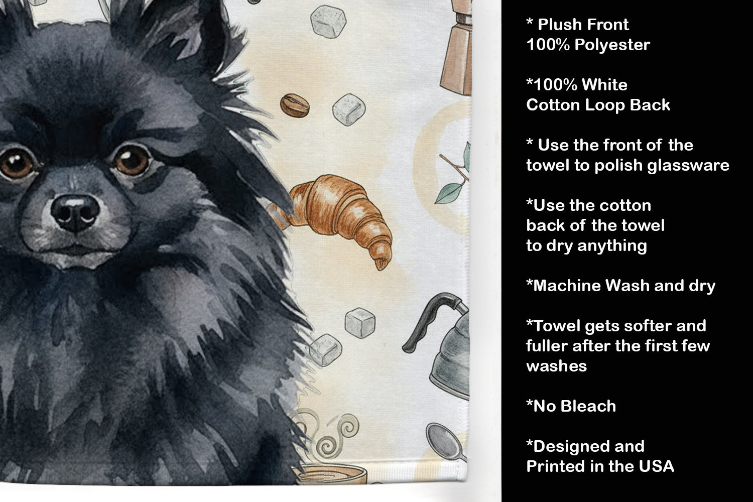 Black Pomeranian Coffee Bar Kitchen Towel Velour Plush Front and Cotton Loop Back Machine Washable