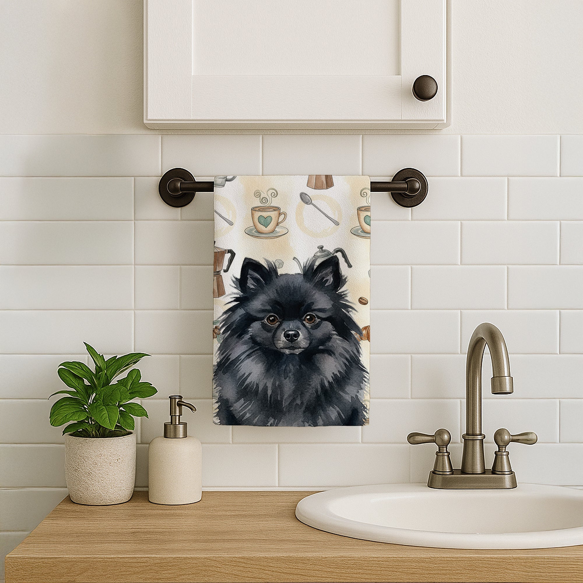 Black Pomeranian Coffee Bar Kitchen Towel Velour Plush Front and Cotton Loop Back Machine Washable