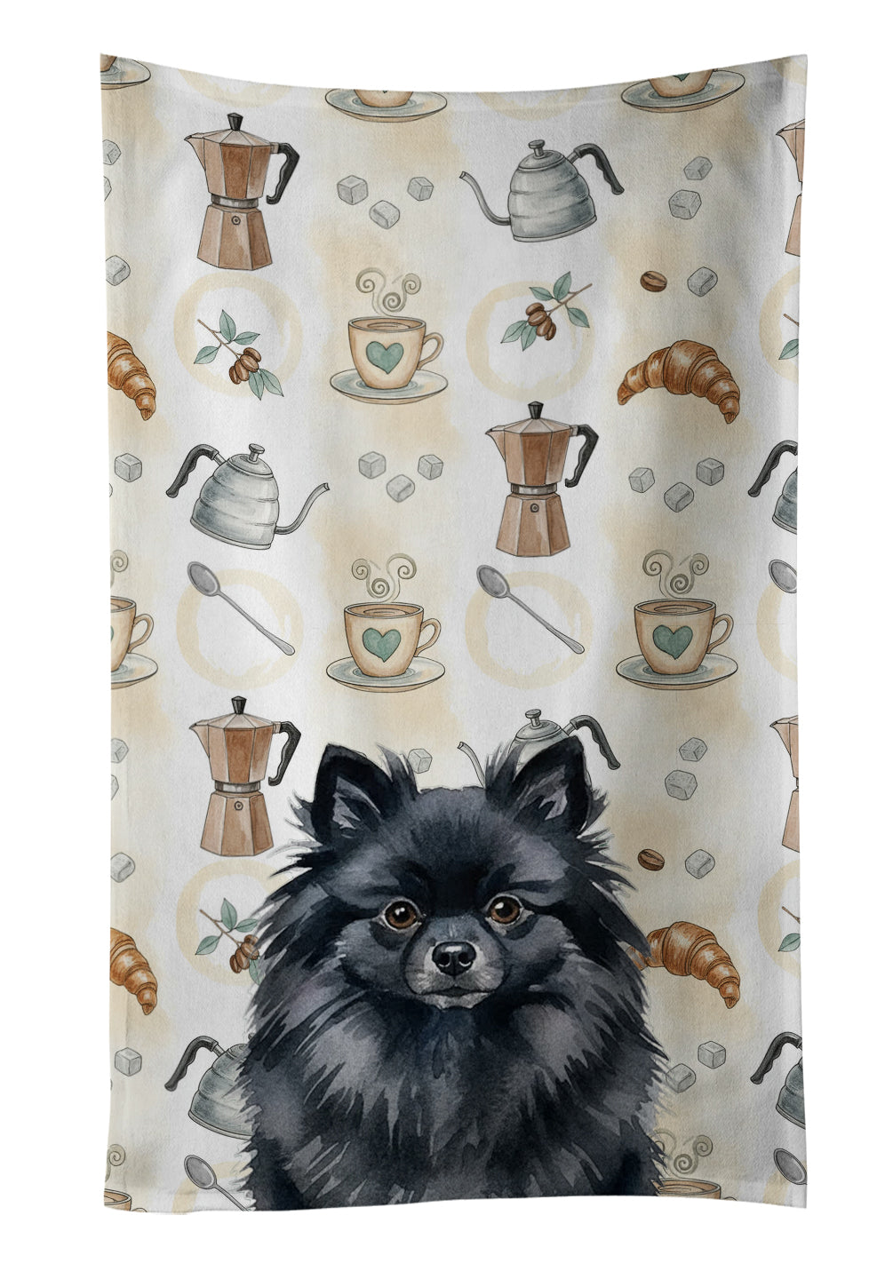 Black Pomeranian Coffee Bar Kitchen Towel Velour Plush Front and Cotton Loop Back Machine Washable