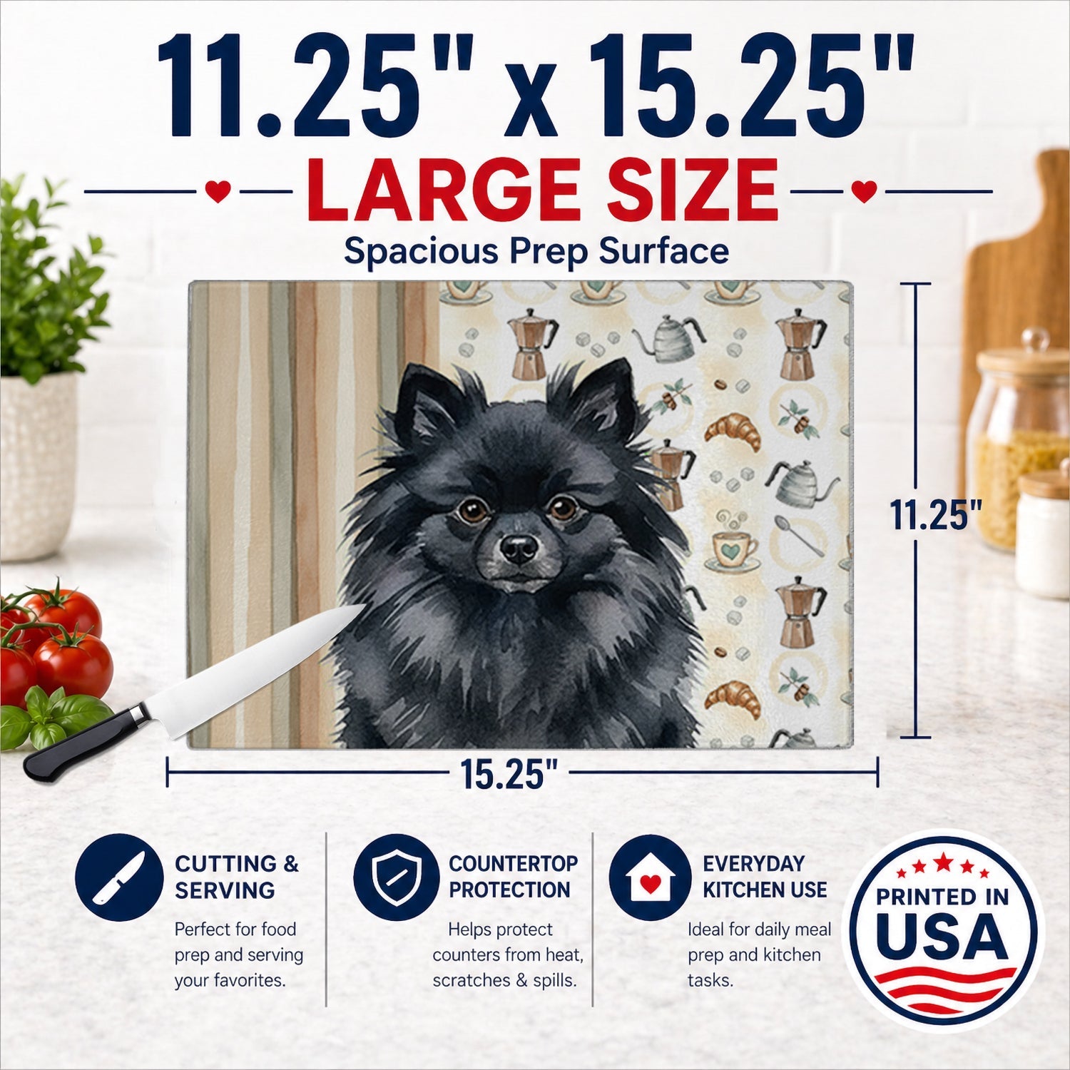 Black Pomeranian Coffee Bar Cutting Board Tempered Glass Kitchen Cutting Surface, Heat Resistant Chopping, Non-Slip Feet, Food Prep & Serving