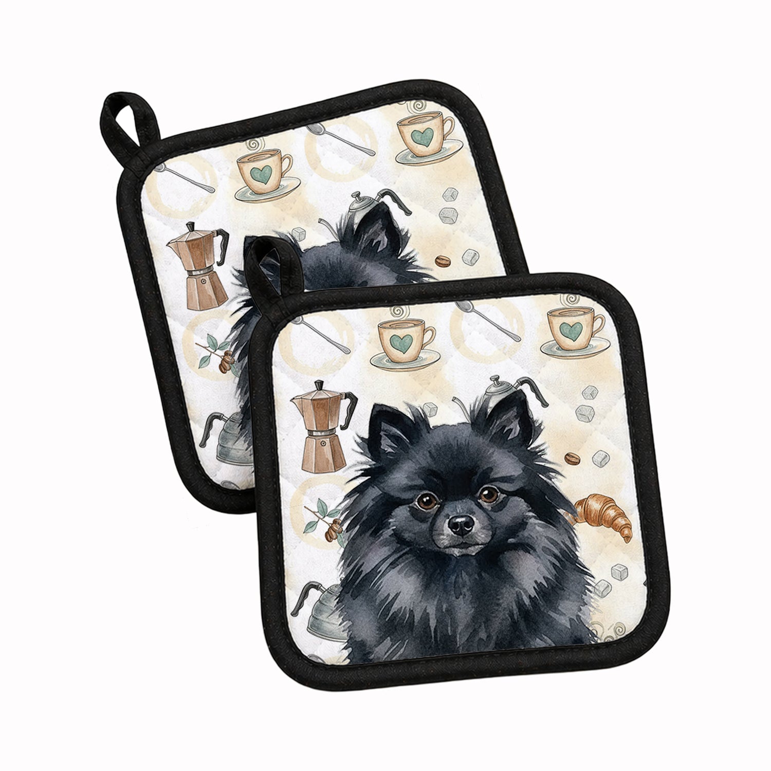 Black Pomeranian Coffee Bar Pot Holder Set of 2 Heat Resistant Quilted Hot Pads 7.5 x 7.5 Inch, Insulated Kitchen Trivets for Cooking & Baking