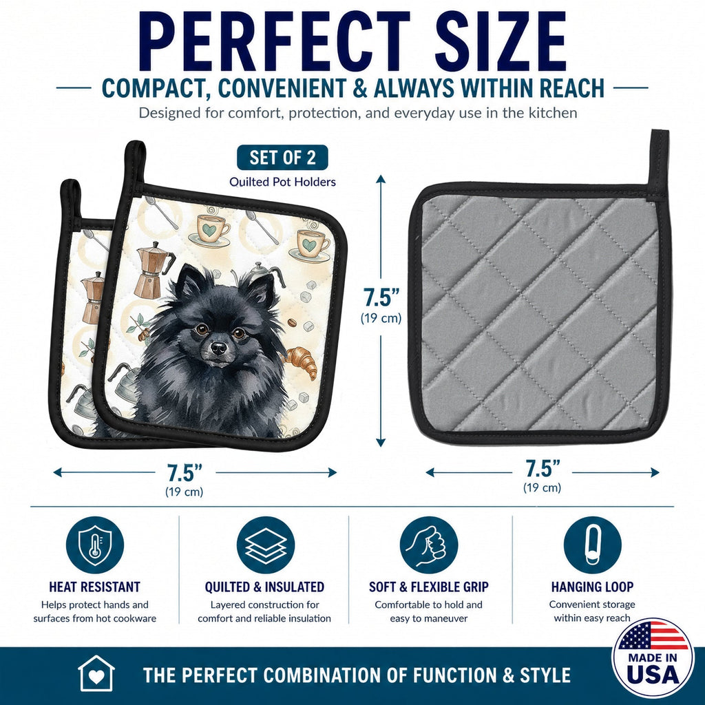 Black Pomeranian Coffee Bar Pot Holder Set of 2 Heat Resistant Quilted Hot Pads 7.5 x 7.5 Inch, Insulated Kitchen Trivets for Cooking & Baking