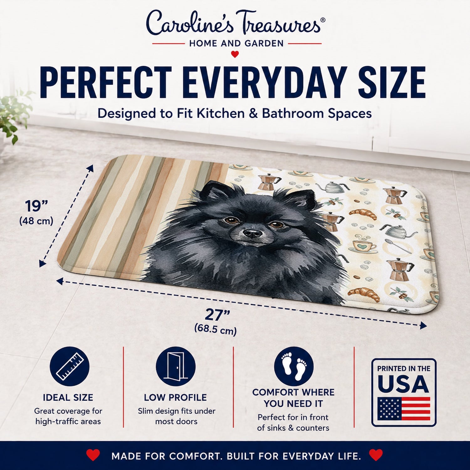 Black Pomeranian Coffee Bar Memory Foam Kitchen Mat Machine Washable Anti-Fatigue Cushion Comfort Bath or Kitchen Rug