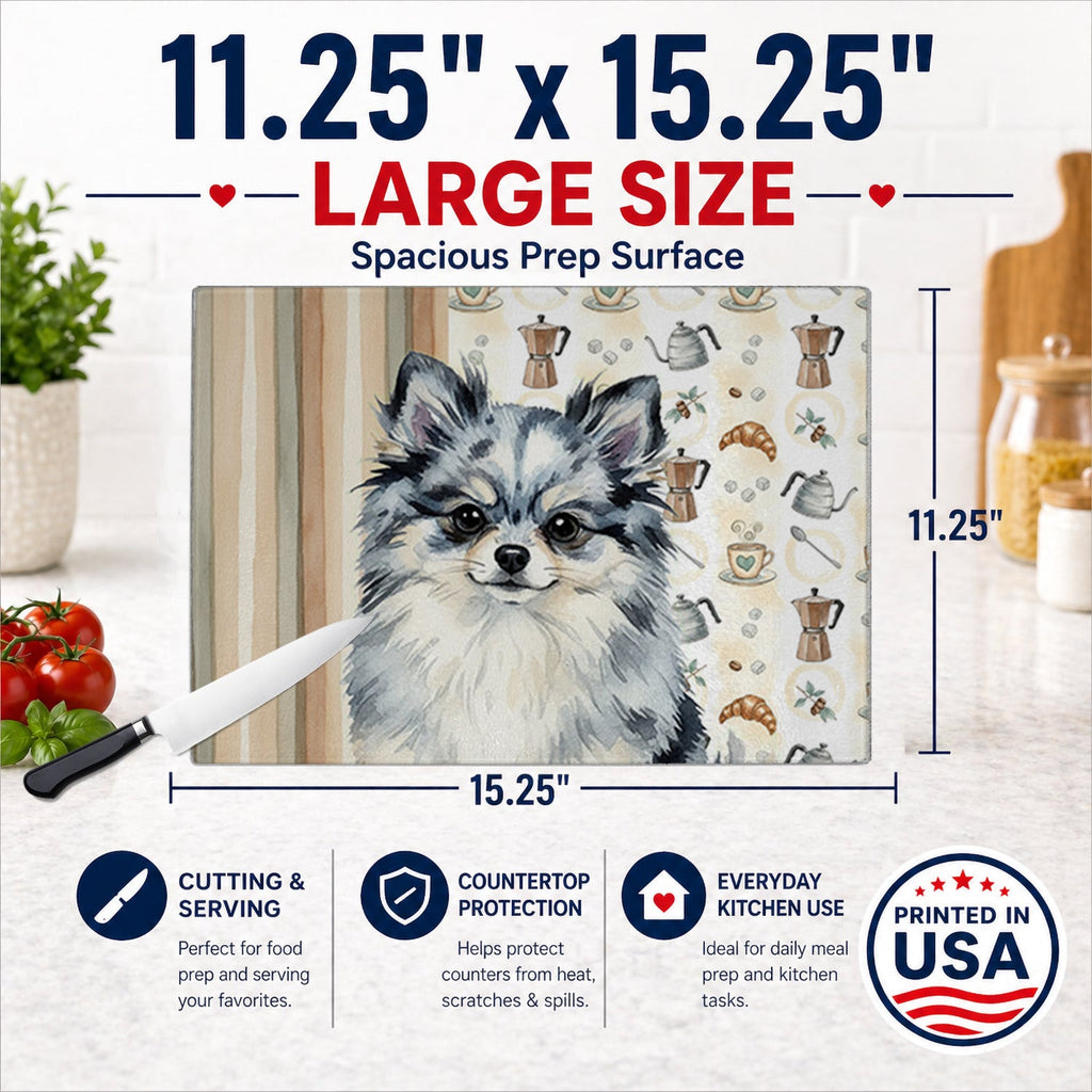 Blue Merle Pomeranian Coffee Bar Cutting Board Tempered Glass Kitchen Cutting Surface, Heat Resistant Chopping, Non-Slip Feet, Food Prep & Serving