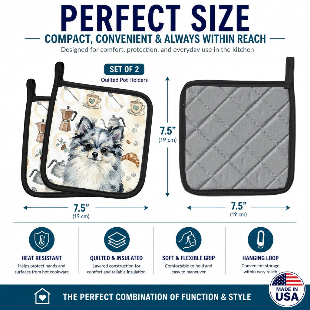 Blue Merle Pomeranian Coffee Bar Pot Holder Set of 2 Heat Resistant Quilted Hot Pads 7.5 x 7.5 Inch, Insulated Kitchen Trivets for Cooking & Baking