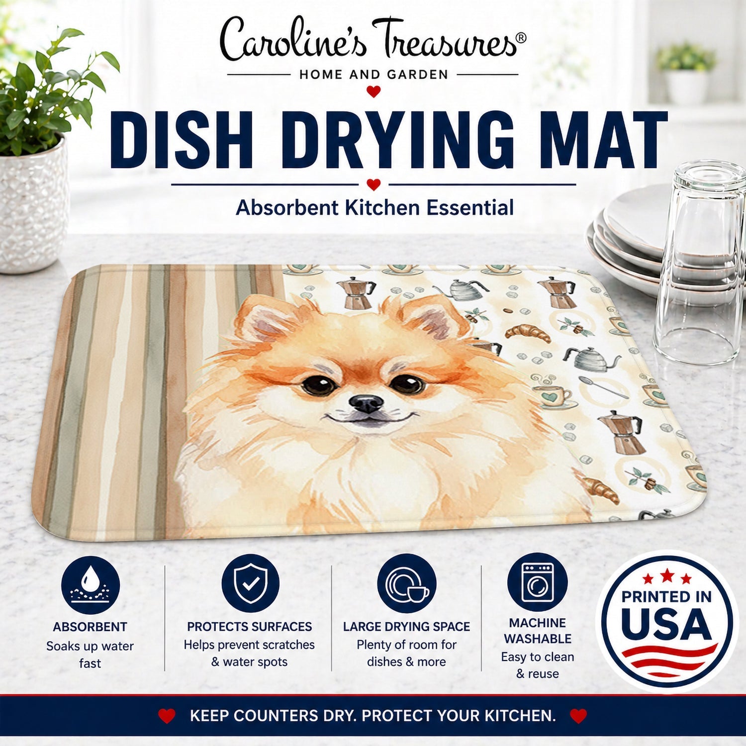 Pomeranian Coffee Bar Dish Drying Mat Absorbent Dish Drying Mat Pad for Kitchen Counter Dish Drainer Mat for Countertop, 14 x 21", Multicolor
