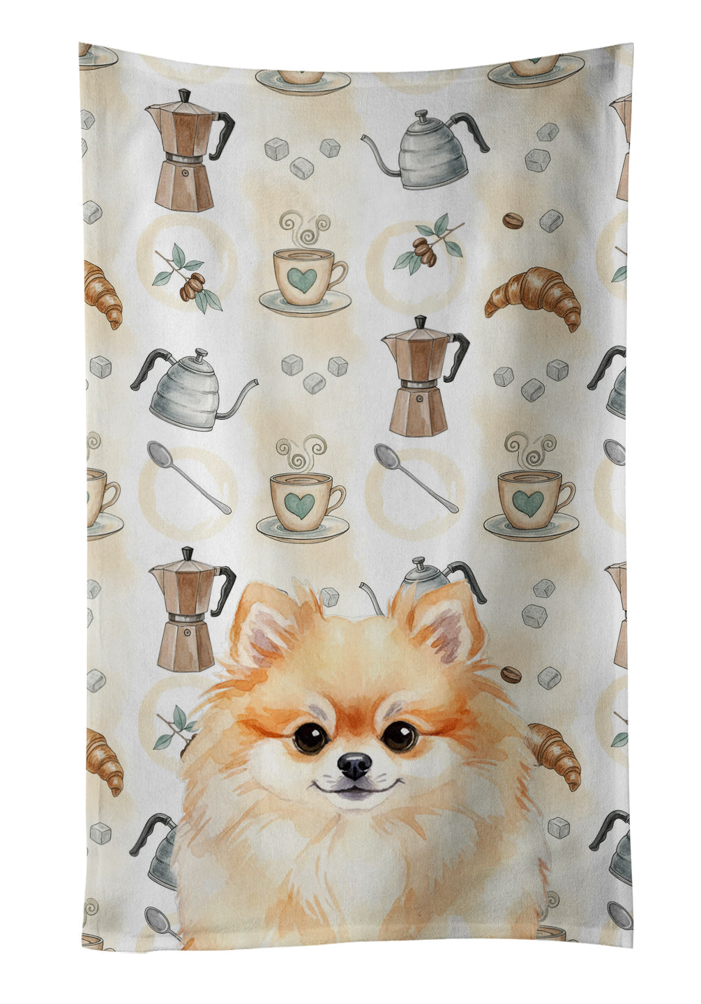 Pomeranian Coffee Bar Kitchen Towel Velour Plush Front and Cotton Loop Back Machine Washable