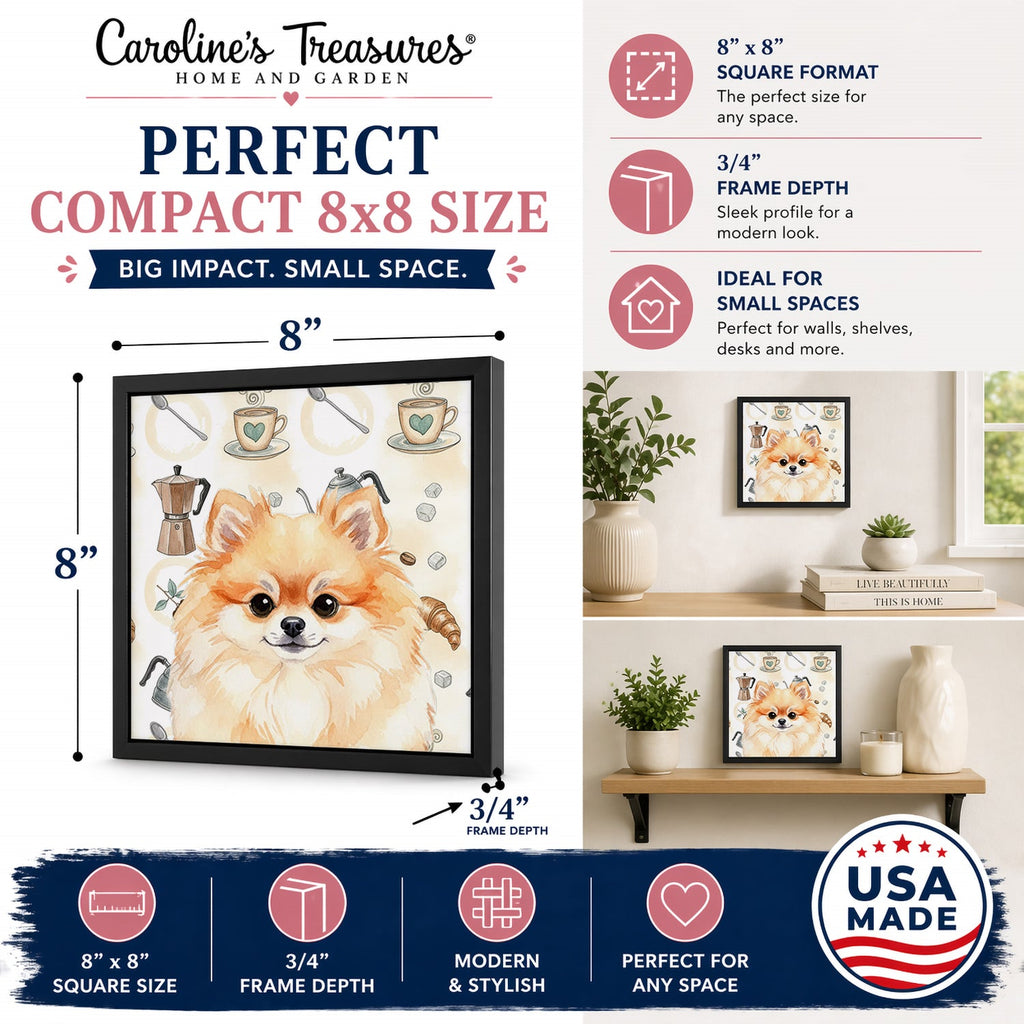 Pomeranian Coffee Bar Framed Metal Print Bathroom, Kitchen, Office, Home Decor Wall Art Ready to Hang, Square, 8X8