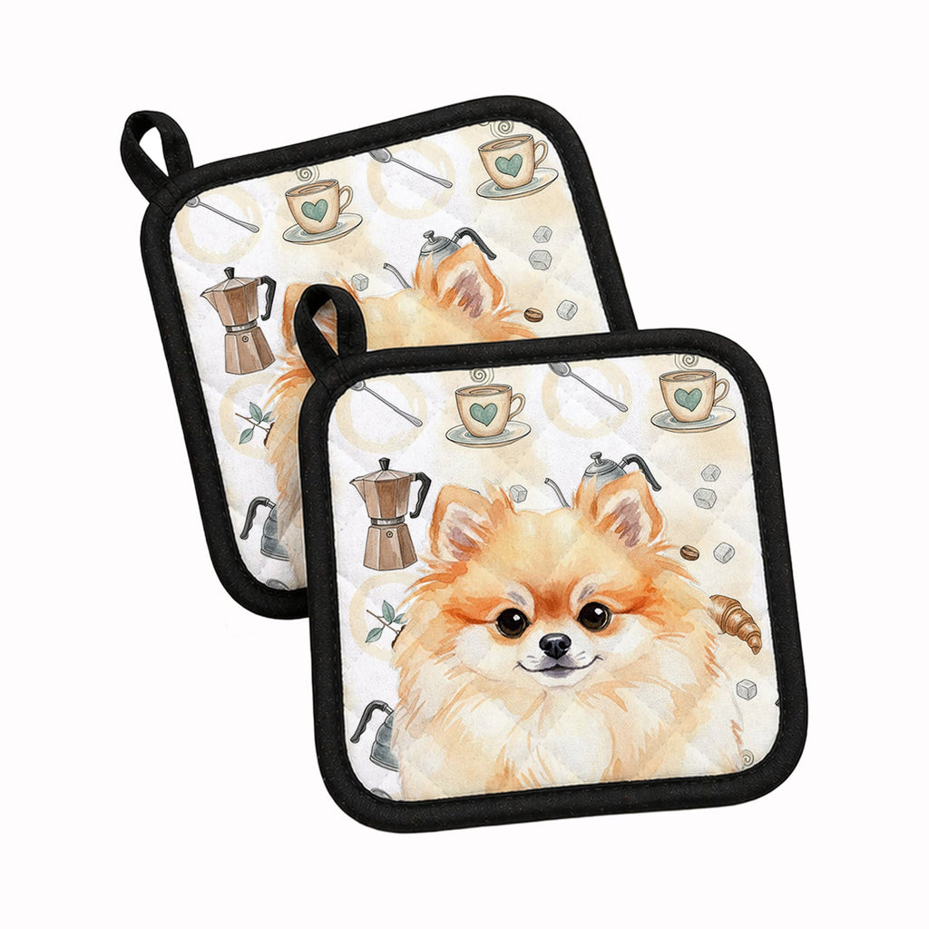 Pomeranian Coffee Bar Pot Holder Set of 2 Heat Resistant Quilted Hot Pads 7.5 x 7.5 Inch, Insulated Kitchen Trivets for Cooking & Baking