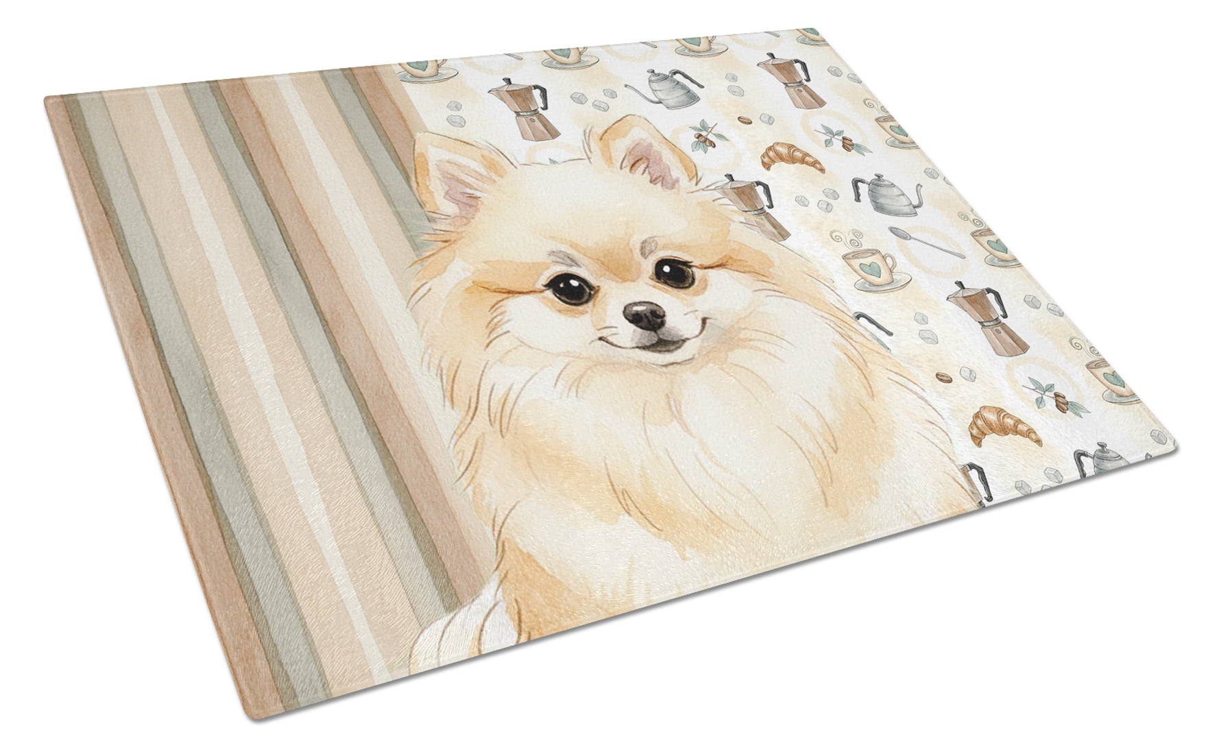 Cream Pomeranian Coffee Bar Cutting Board Tempered Glass Kitchen Cutting Surface, Heat Resistant Chopping, Non-Slip Feet, Food Prep & Serving