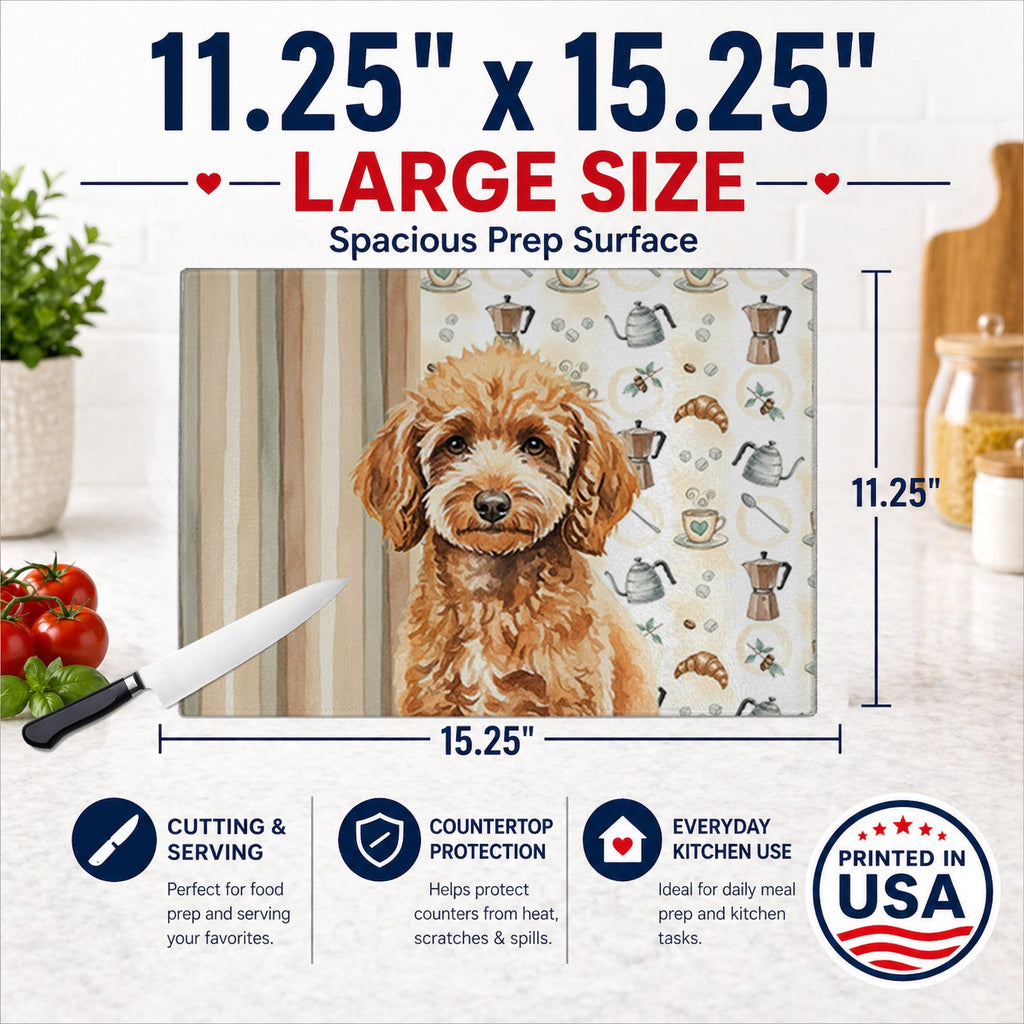 Miniature Apricot Poodle Coffee Bar Cutting Board Tempered Glass Kitchen Cutting Surface, Heat Resistant Chopping, Non-Slip Feet, Food Prep & Serving