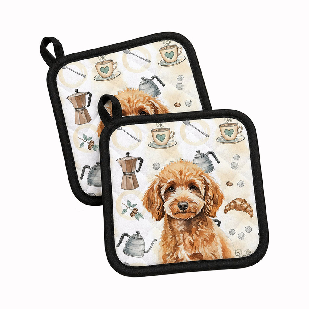 Miniature Apricot Poodle Coffee Bar Pot Holder Set of 2 Heat Resistant Quilted Hot Pads 7.5 x 7.5 Inch, Insulated Kitchen Trivets for Cooking & Baking