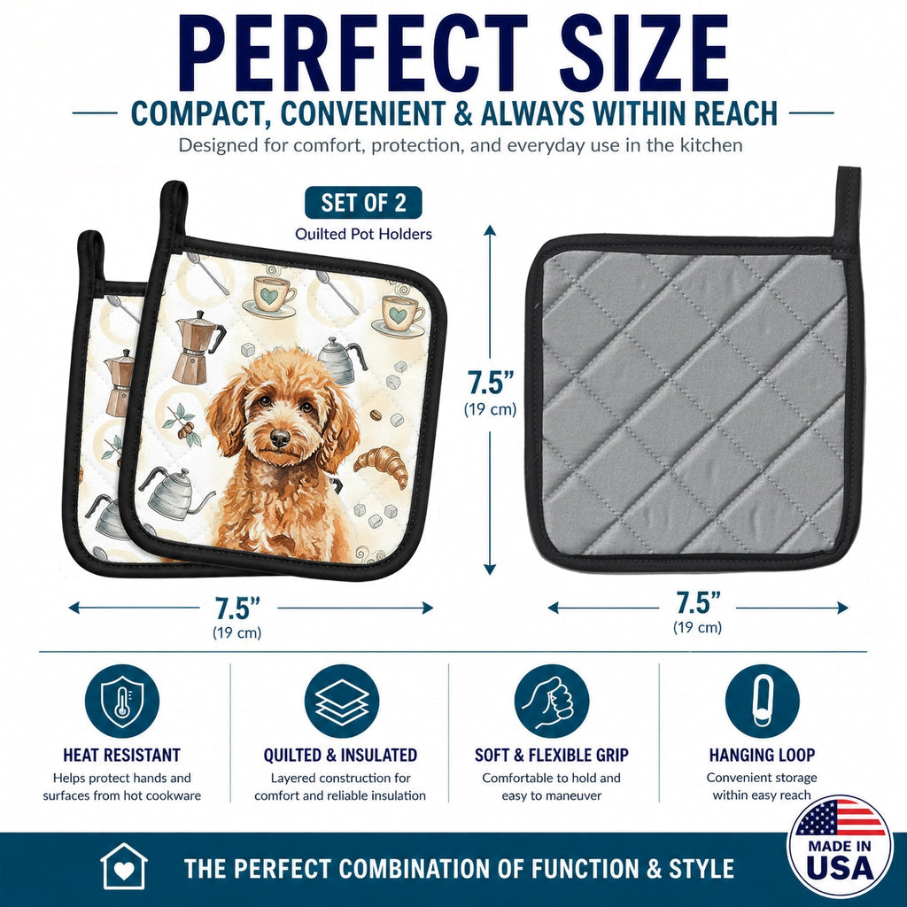 Miniature Apricot Poodle Coffee Bar Pot Holder Set of 2 Heat Resistant Quilted Hot Pads 7.5 x 7.5 Inch, Insulated Kitchen Trivets for Cooking & Baking