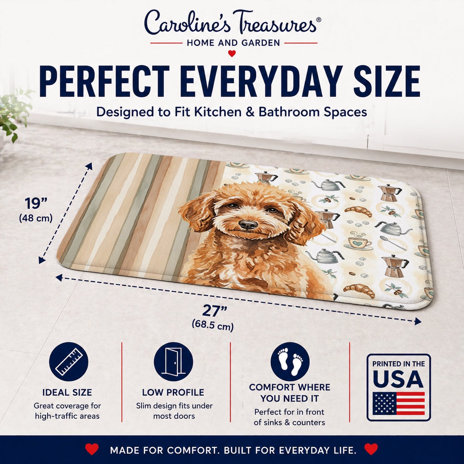Miniature Apricot Poodle Coffee Bar Memory Foam Kitchen Mat Machine Washable Anti-Fatigue Cushion Comfort Bath or Kitchen Rug