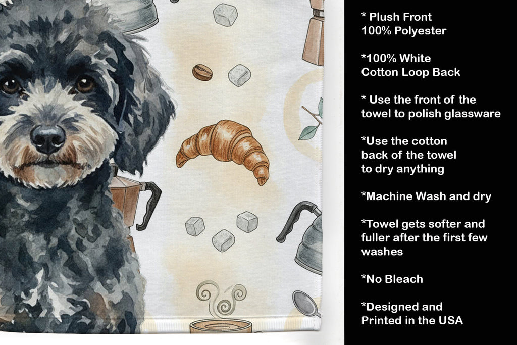 Miniature Black Poodle Coffee Bar Kitchen Towel Velour Plush Front and Cotton Loop Back Machine Washable