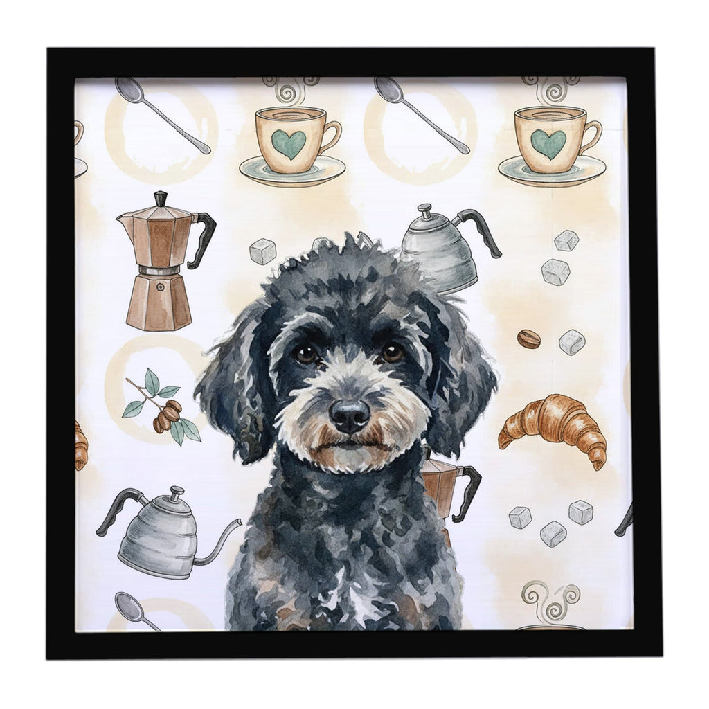 Miniature Black Poodle Coffee Bar Framed Metal Print Bathroom, Kitchen, Office, Home Decor Wall Art Ready to Hang, Square, 8X8